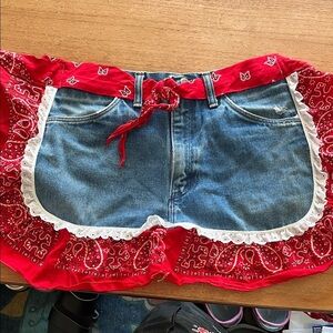 Handcrafted Red Bandana Denim Half Apron Skirt
